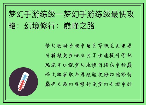 梦幻手游练级—梦幻手游练级最快攻略：幻境修行：巅峰之路
